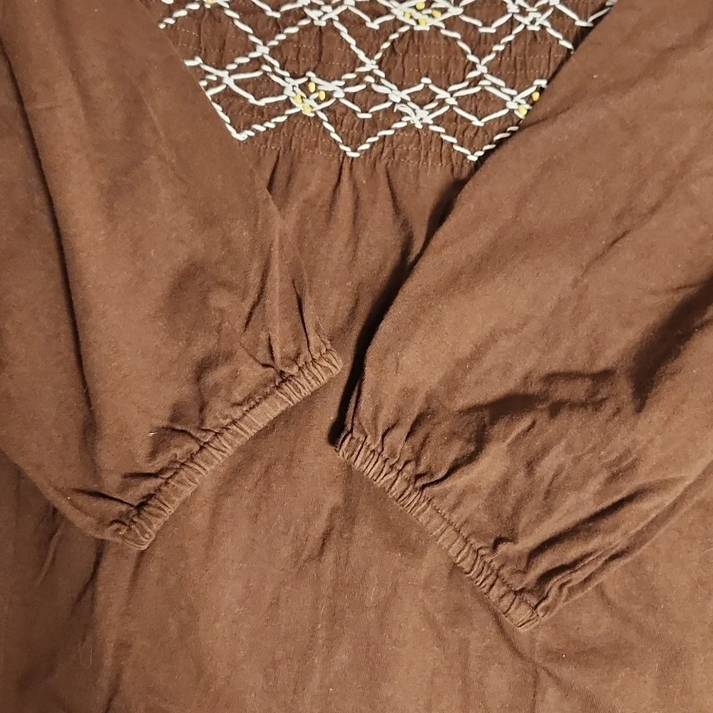 Roaman's Brown Jersey Cotton Smocked Bodice & Embroidered Long Sleeve Top  2X